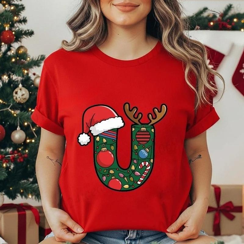 Festive Christmas Alphabet Letter Santa Hat Print Tshirt for Women Fashion T Shirt Streetwear Female Clothes Casual clothing