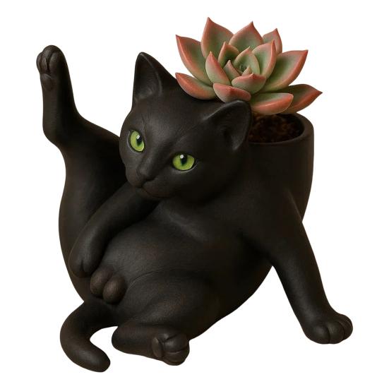 Flower Pot Grooming Cat Shape Planter Pot Stress-Relief Mood Booster Indoor Plant Pot Office Desk Decoration