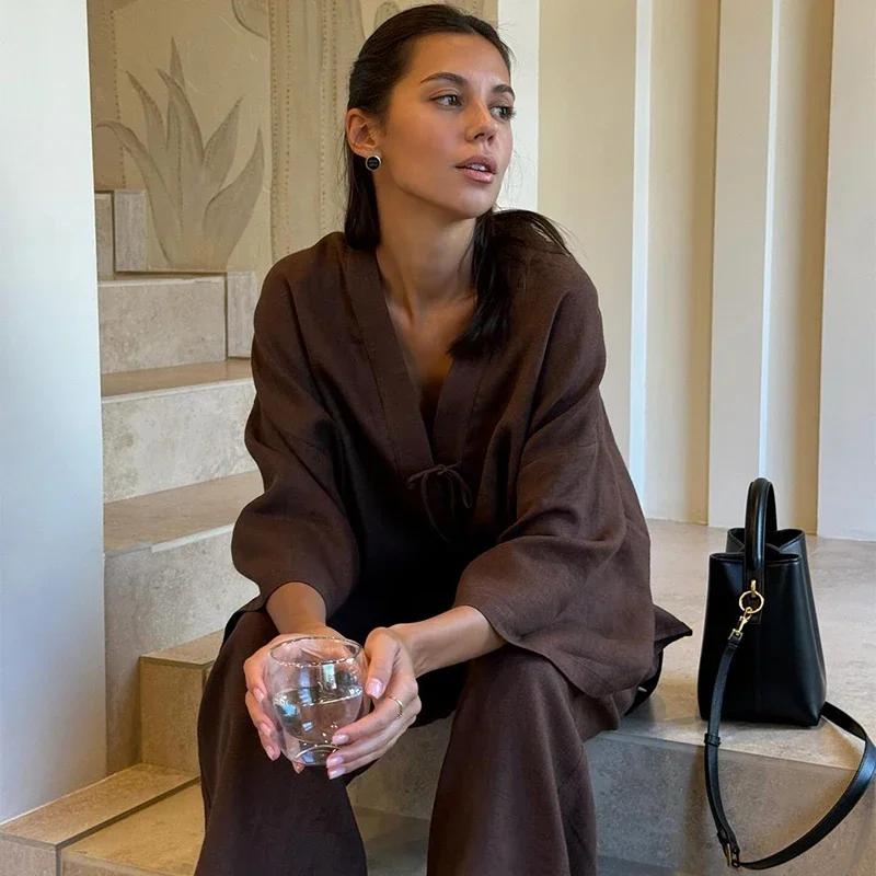 Causal Oversized Solid Pant Suit Women Single Button Long Sleeve V-neck Shirt Set Summer Casual Lady Streetwear