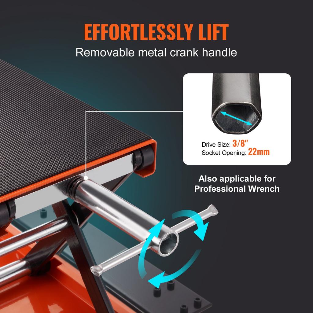 VEVOR Motorcycle Lift ATV Scissor Jack Dolly 499.5 Kg Wide Deck & Hand Crank
