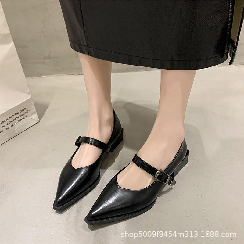 Fashion Fashion Versatile Coarse Heel Loafer Retro Pointed Mary Jane Leather Shoes Women British Black Korean Edition Zapatos De Mujer