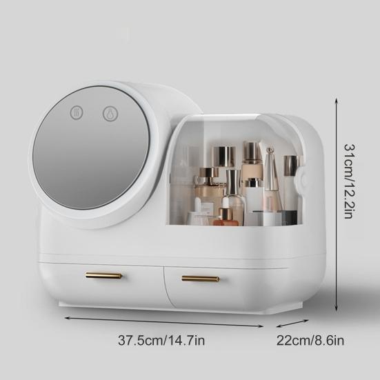 Dustproof Makeup Storage Box with LED Mirror Large Capacity Multiple Compartments Countertop Makeup Storage Organizer