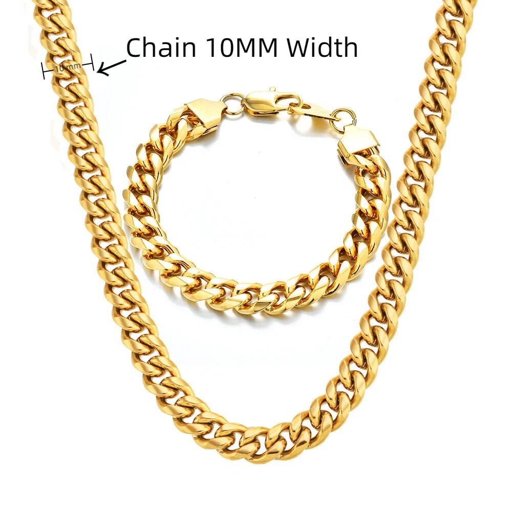 8/10MM Chunky Fashion Cuban Chain Necklace Bracelet Set Hip Hop for Men/Women Gold Plated Stainless Steel Curb Link Chain Sets