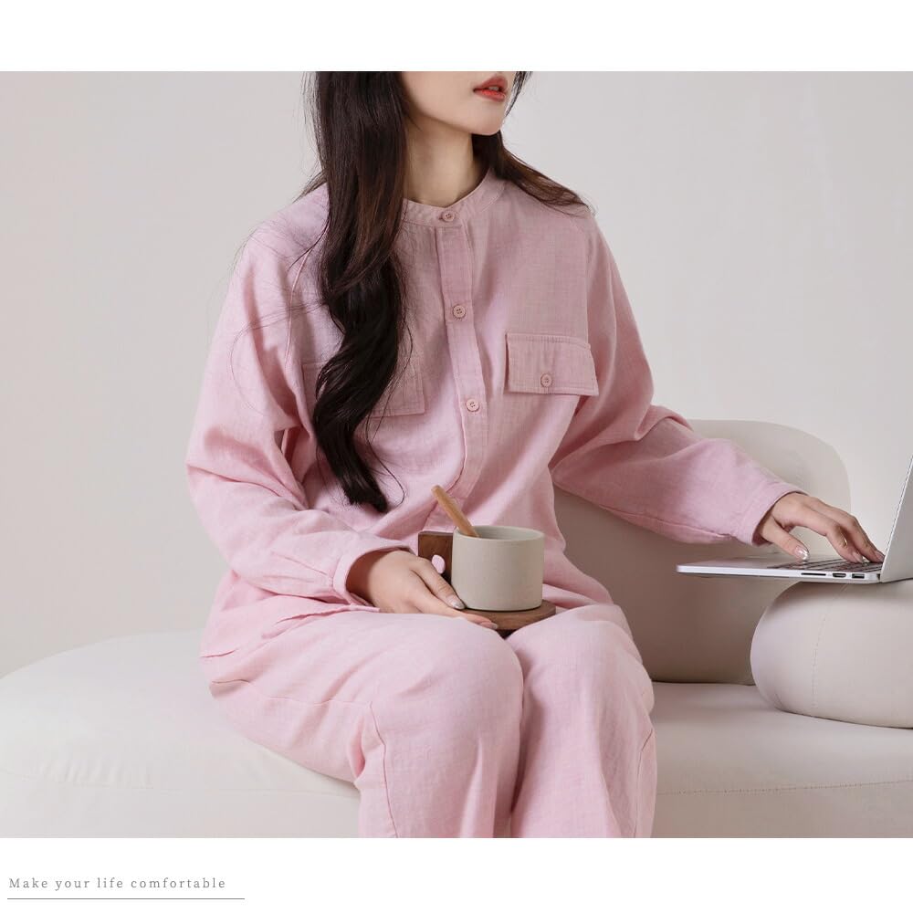 Yes Family Double Gauze Pajama Long Front Light XL Women's Set, 100% Cotton, Sleeves, Opening, Loungewear, Pink,