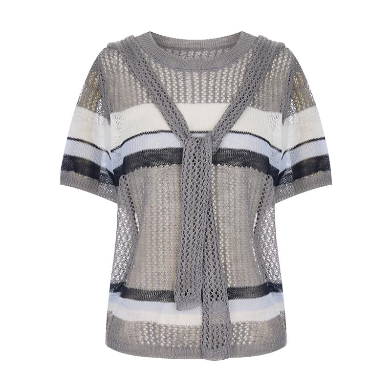 SELLY'S Striped Shawl Short Sleeve Knit_I6B-Ckn017
