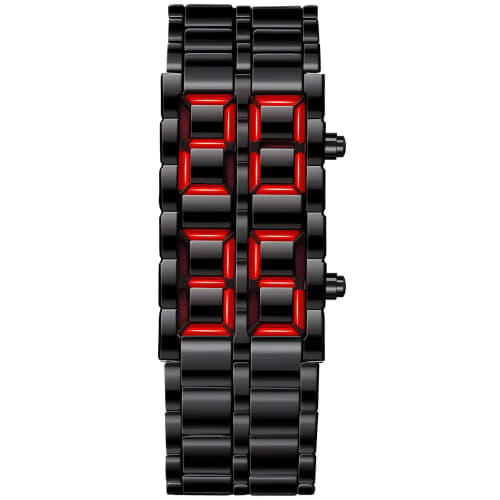 Fashionable Full Metal Digital Mule Watch for Men with LED Display, Perfect for Sports and Creative Gifts, Black and Red.