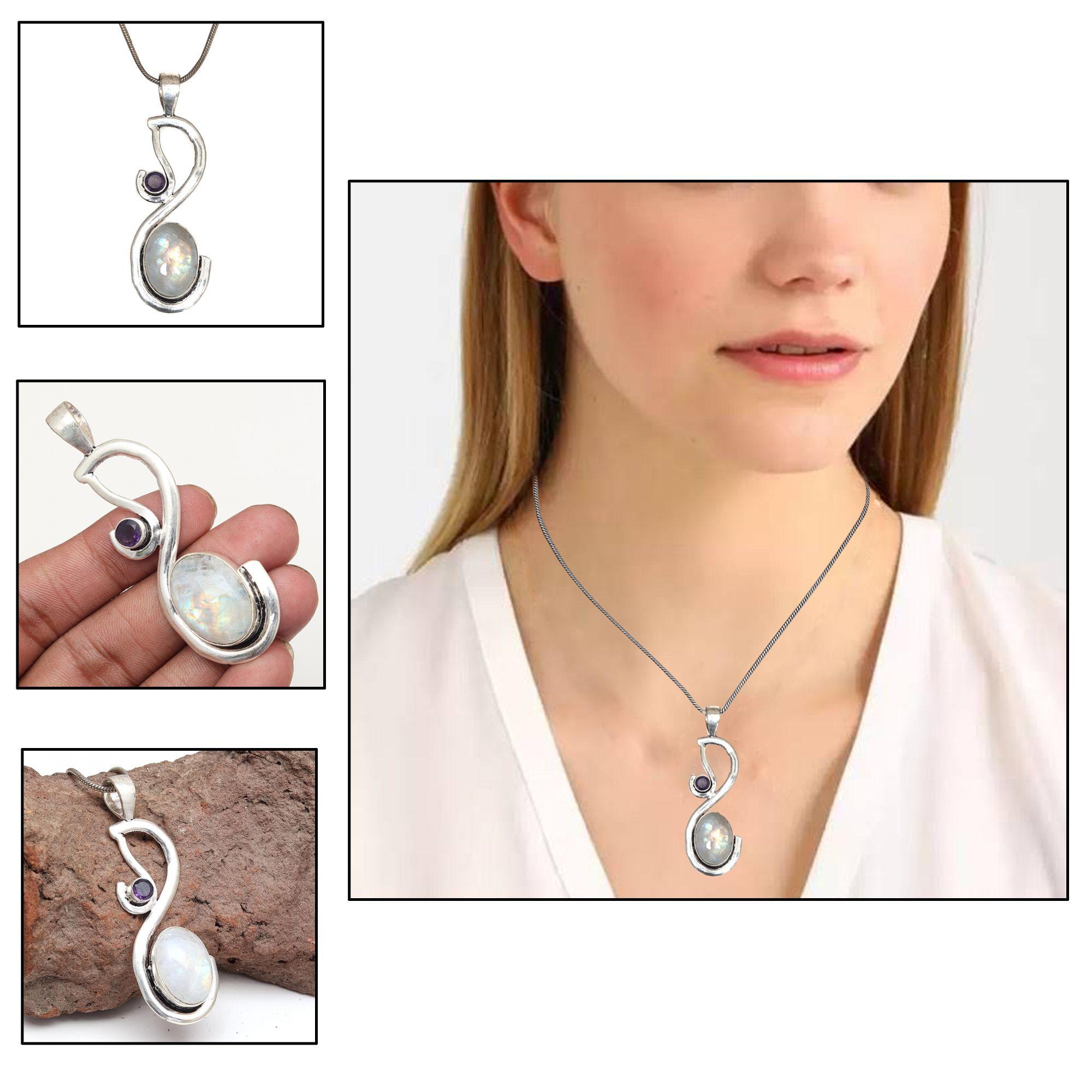 

Silver Necklace Moonstone Gifted Rainbow Jewelry Pendant Gemstone 18