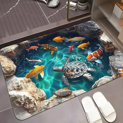 1pc Illusion Turtles and Fish In The Pond Door Mat, Non-Slip Bathroom Floor Mat, Polyester Mat for Bedroom, Living Room Entrance