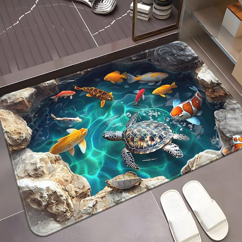 1pc Illusion Turtles and Fish In The Pond Door Mat, Non-Slip Bathroom Floor Mat, Polyester Mat for Bedroom, Living Room Entrance
