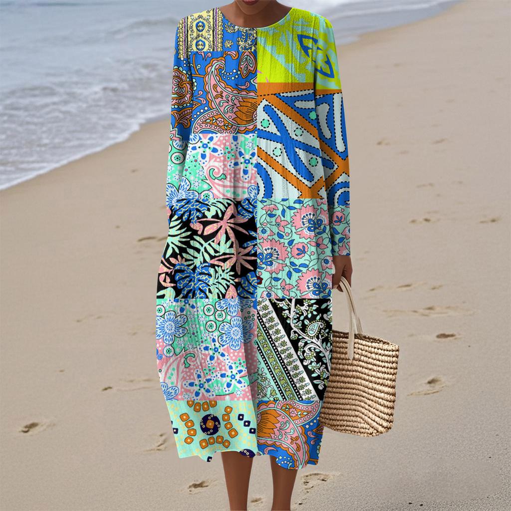 Women's Fashionable Casual Long-Sleeved Round Neck Retro Geometric Print Elegant Dress