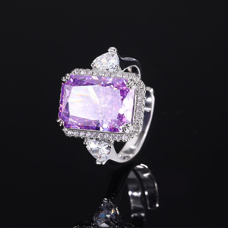 Jewelry Copper Bottom Gold-Plated High Carbon Diamond Ice Flower Square Diamond Copper Inlaid Temperament Light Luxury Rectangular Ring Women 10 * 14