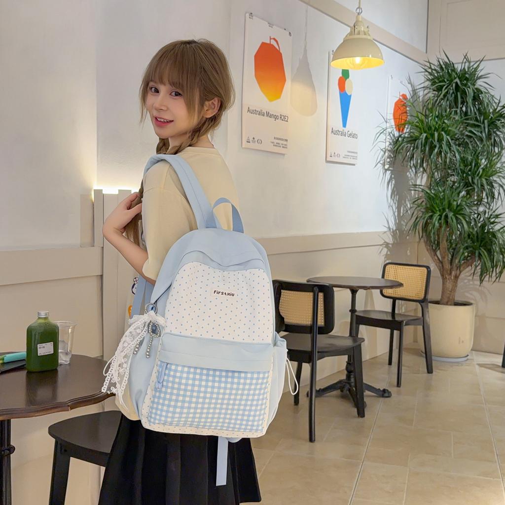 Schoolbagins Korean polka dot schoolbag female junior high school college student lightweight backpack lace decorative versatile campus backpack