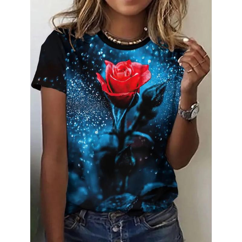 Flower Short Sleeve Fashion Women's Solid Color Flower Crew Neck T-Shirt 3D Flower Color Printing Crew Neck Short Sleeve Tees