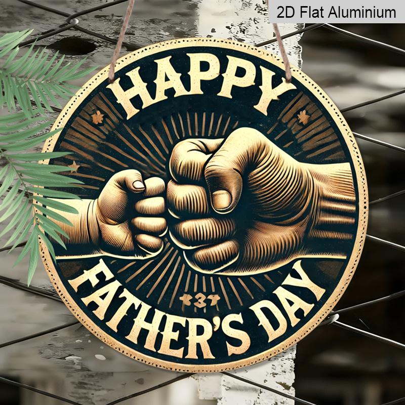 2D Flat, 1pc Round Aluminum Happy Father's Day Sign, Vintage Fist Bump Dad & Child Design, Retro Gold & Black Wall Decor, Waterproof & Durable