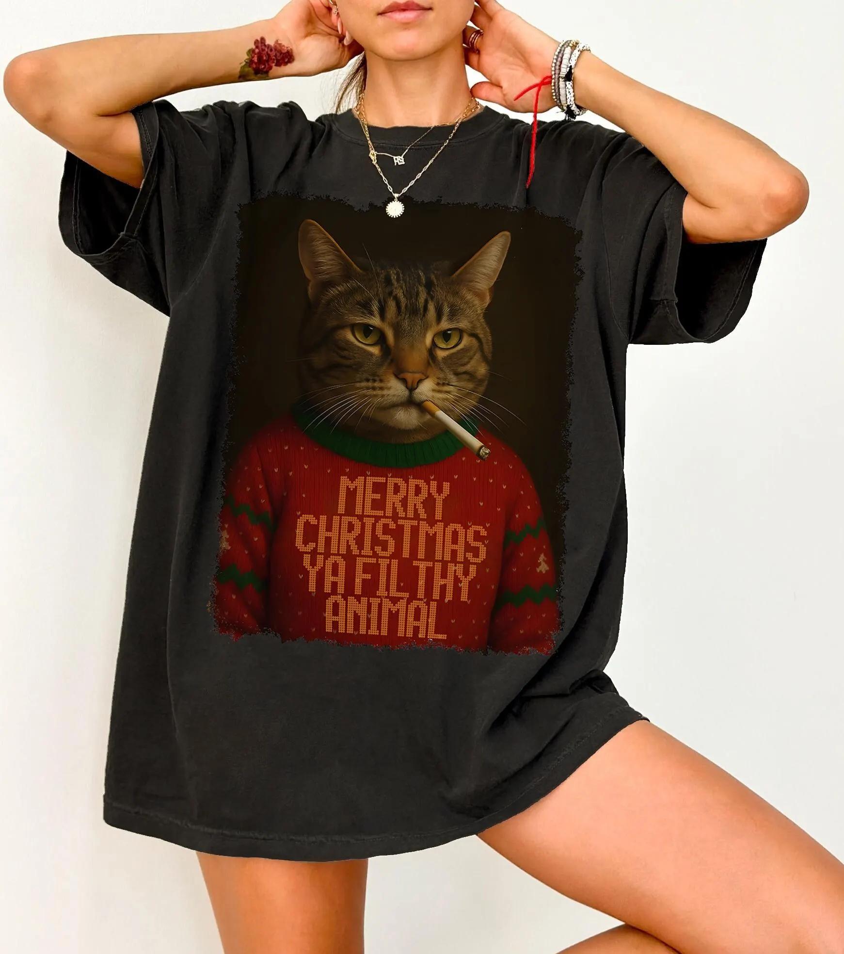 Funny Christmas Smoking Cat Tshirt Satirical Holiday Meme Tshirt Cool Cat Lover Gift Ironic Pet Tshirt S