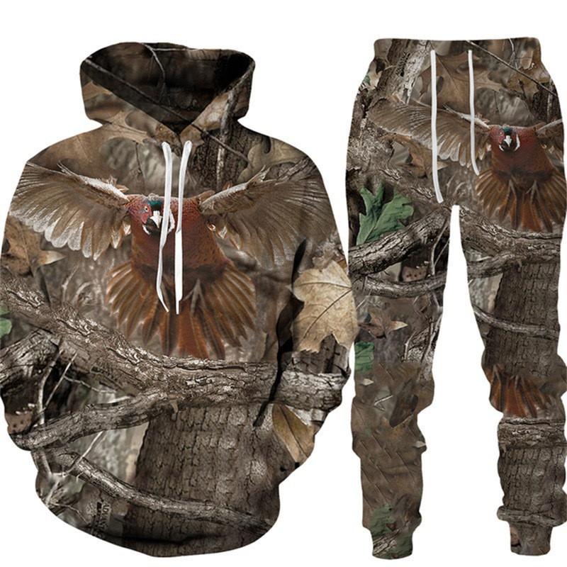 Men Camouflage 3D Print Hooded Cycling Jersey 2Pcs Tracksuit Outdoor Sports Set