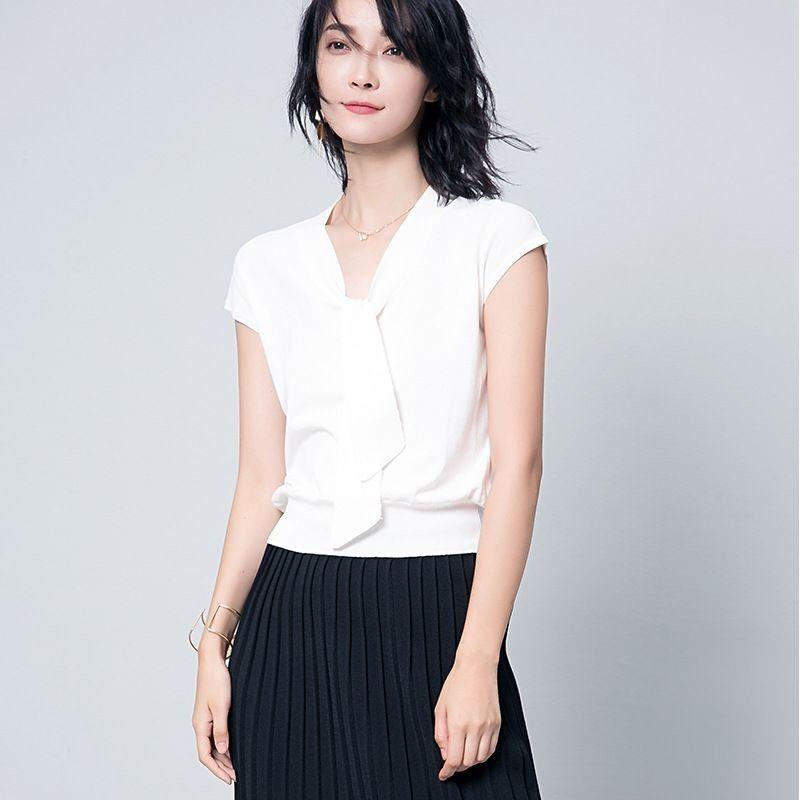 

Большая распродажа Выбор утечек ~ Бренд Экспорт Скидка V-образный вырез Короткий рукав Свитер из ледяного шелка Женский Летний Повседневный Универсальный Приталенный Топ White L