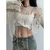 Dámské pletené tričko Y2K Hollow Out Knitwear Oříznutý svetr Jarní Krátký Síťový svetr Vintage Gyaru korejská móda