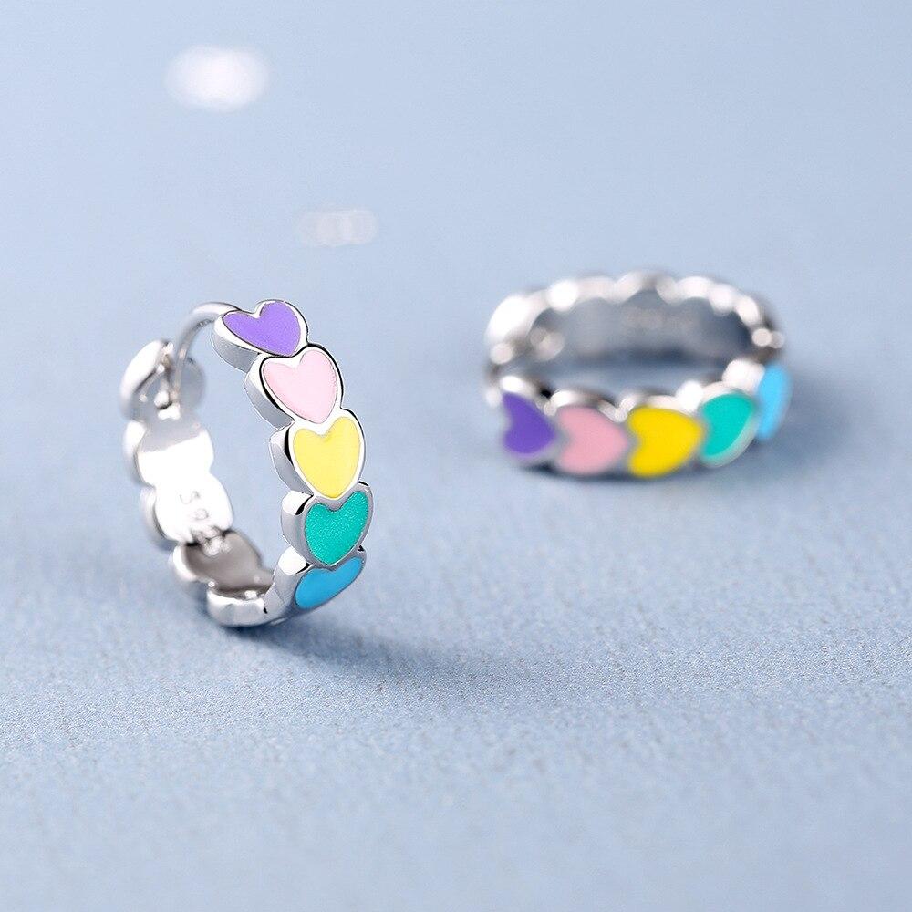 Echte 925 Sterling Silber Ohrringe für Damen Koreanische Regenbogen Herz Emaille Herz Creolen Hochzeitsschmuck Accessoires