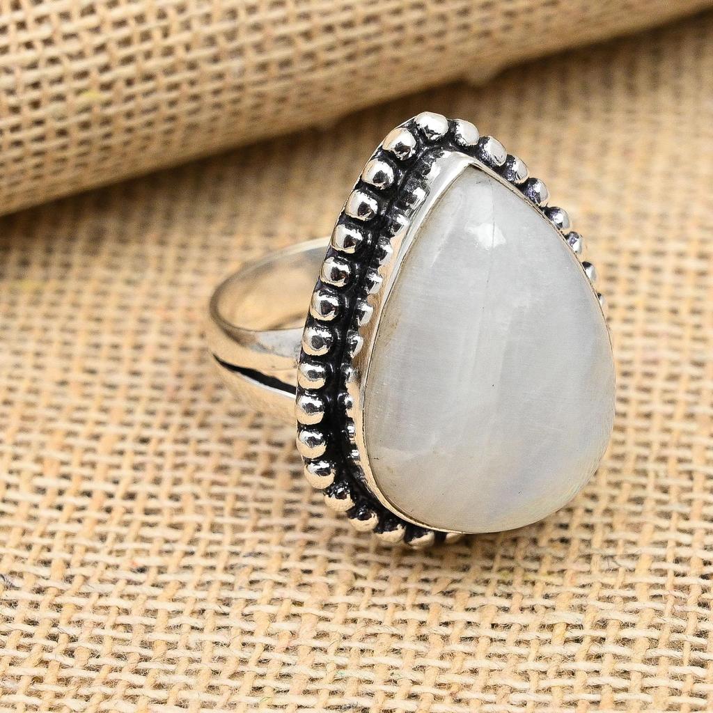 Regenbogen-Mondstein-Edelstein, handgefertigter Ringschmuck aus massivem 925er-Sterlingsilber