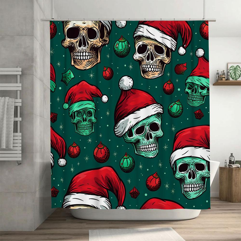 Festive Skulls Santa Hats Christmas Shower Curtain Halloween Spooky Decor for Bathroom 3D Printed Polyester Waterproof Fabric Wi
