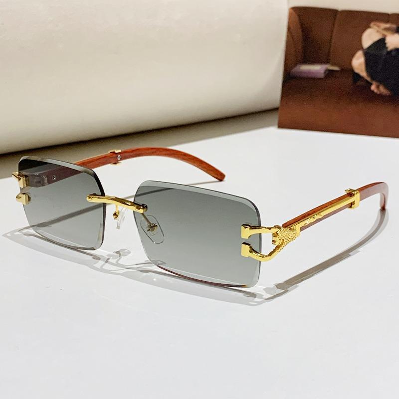 2026 Frameless Faux Wood Grain Leopard Head Men's Square Sunglasses with Leopard Temple.