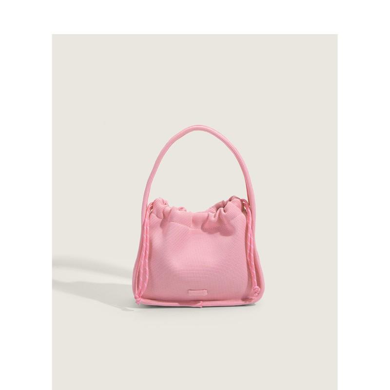 

Rib Knitted Handbag Women s 2025 New Fashionable Niche Design High-end Cloth Bag With Vertical Pattern Drawstring Small розовый