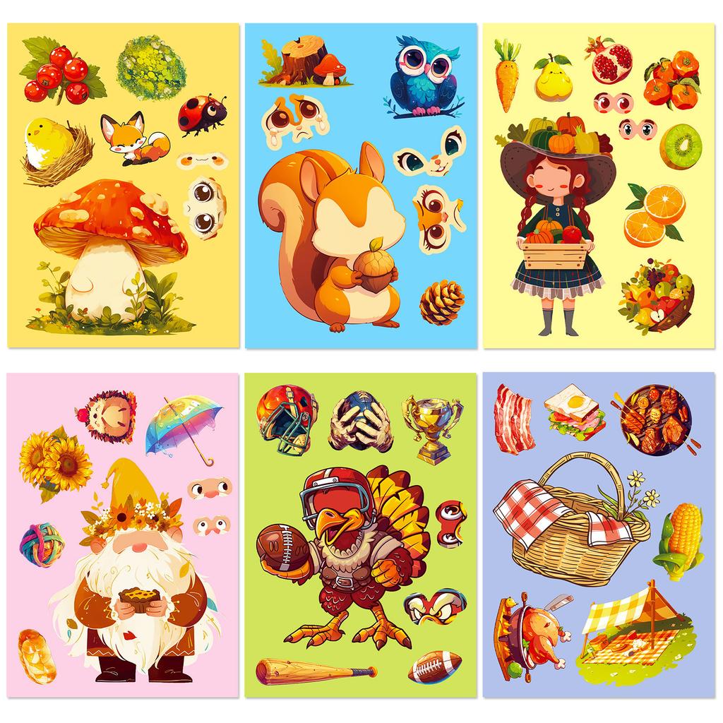 6 Photos/package Thanksgiving Puzzle Stickers for Autumn Harvest Festival Mushroom Squirrel Parent-child Interactive Puzzle Toys Exchange