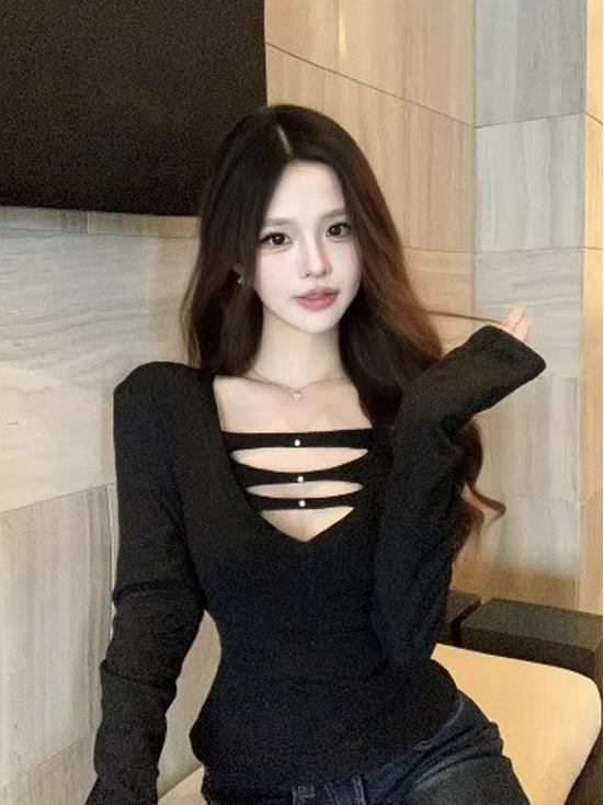Spicy Girl Women s Slim-Fit Hollow-Out Long-Sleeve Base Layer Top for Autumn/Winter M чёрный