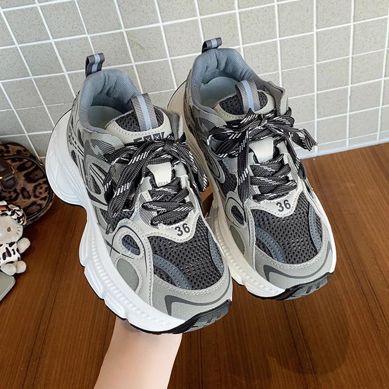 

Fashion Fashion Platform Women s Sneakers 2025 Spring Lace-Up Thick Bottom Vulcanize Shoes Woman Comfort Breathable Sports Shoes Ladies 35 серый