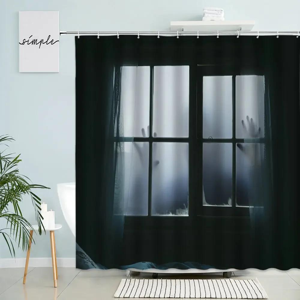 Horror Hand Schatten Fensteransicht Duschvorhang Fröhliches Halloween Feiertag Badezimmer Wanddeko Mit Haken Wasserdichter Polyester Bildschirm