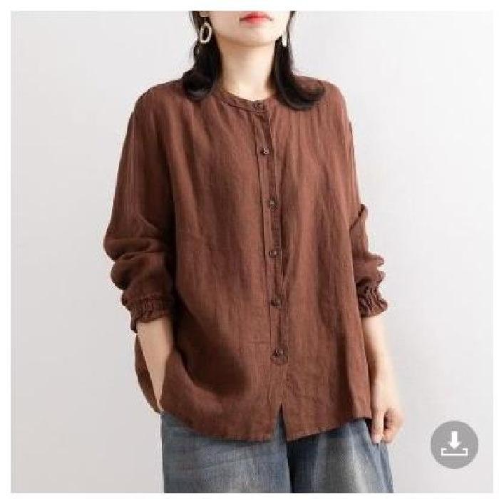 Spring Autumn Women's Cotton Linen Shirt Long Sleeved Loose Round Neck Shirt Casual Jacket with Closed Sleeves Top
