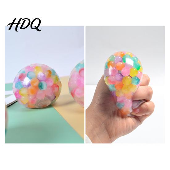 Soft Stress Ball Rainbow Bead with Glitter TPR Squeeze Toy for Sensory Fidget Anxiety Relief Colorful Kids Adults Fun Decompression Gadget