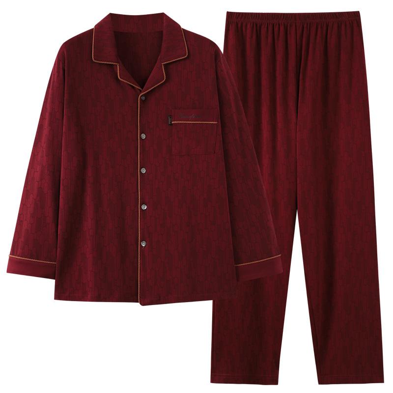 Pajamas Men'S Spring And Autumn Autumn Cotton Long Sleeve Loungewear Men'S Burgundy Dad Cotton Suit