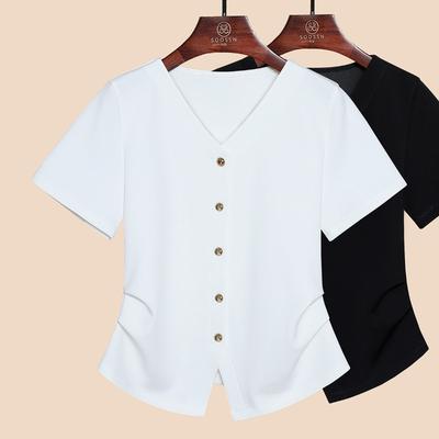 Summer New V-neck Irregular Hem Split Design Sense Niche Versatile Top White Short-sleeved Shirt Women