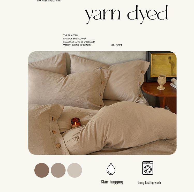 Retro Japanese Style Washable Cotton Bedding Set - Plain Stripe, Button Design, 3-Piece