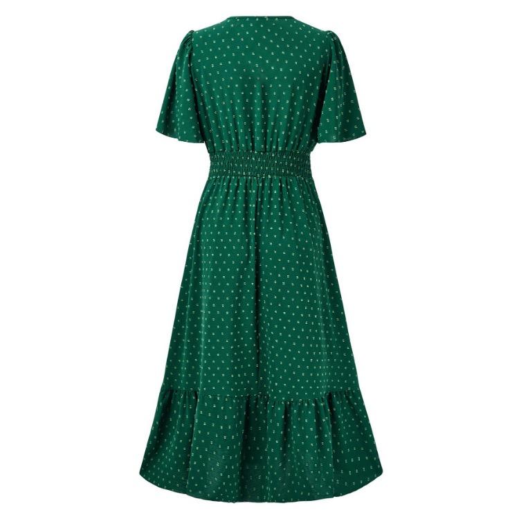 Women Summer Casual V-Neck High Waist A-Line Dress Long Sleeve Lotus Leaf Solid Color Spring Dress S-XL