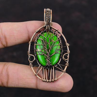 Tree Of Life Copper Green Turquoise Pendant Copper Wire Wrapped Gemstone Pendant Handmade Copper Jewelry Wedding Gift Wire Designer Jewelry