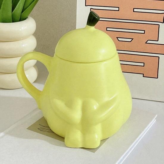 Keramický hrnek ve tvaru hrušky s víčkem Roztomilý vtipný hrnek na kávu a čaj se smějící tváří 450 ml Pohodlné ucho Nápojový hrnek Dárek k narozeninám Domácí dekorace