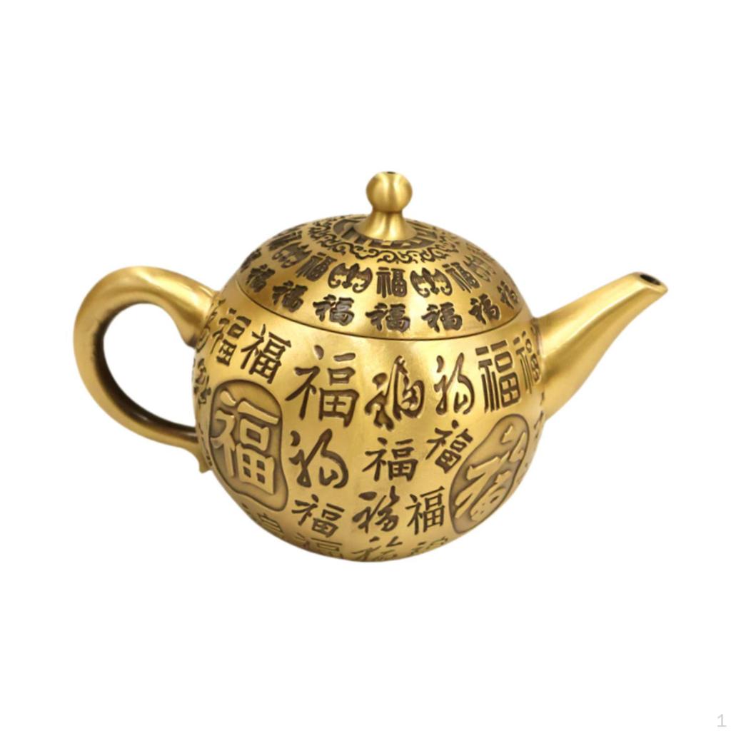Brass Traditional Chinese Fu Characters Teapot Feng Shui Decoration Sturdy Versatile 6.3x3.9inch