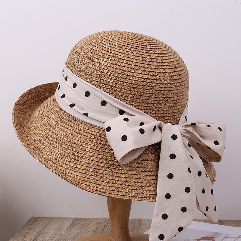 Polka Dot Ribbon Straw Hat Female Travel Beach Hat Summer Large Edge Sunscreen Sun Hat French Edge Sun Hat