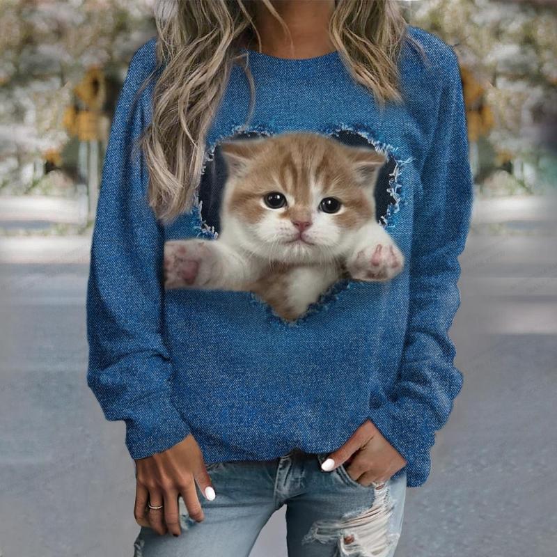Lovely Cat 3d Print Women Fashion O-neck Long Sleeved Women Sweats Animal Coat Girl Clothes Anime Cat Long Sleeved Kawaii Oversized