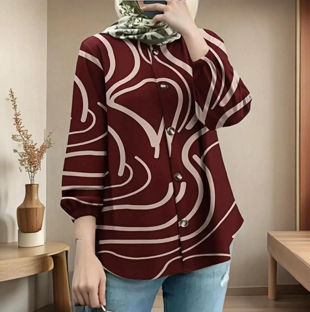 New Plus Size Women's Puff Sleeve Floral Button Shirt