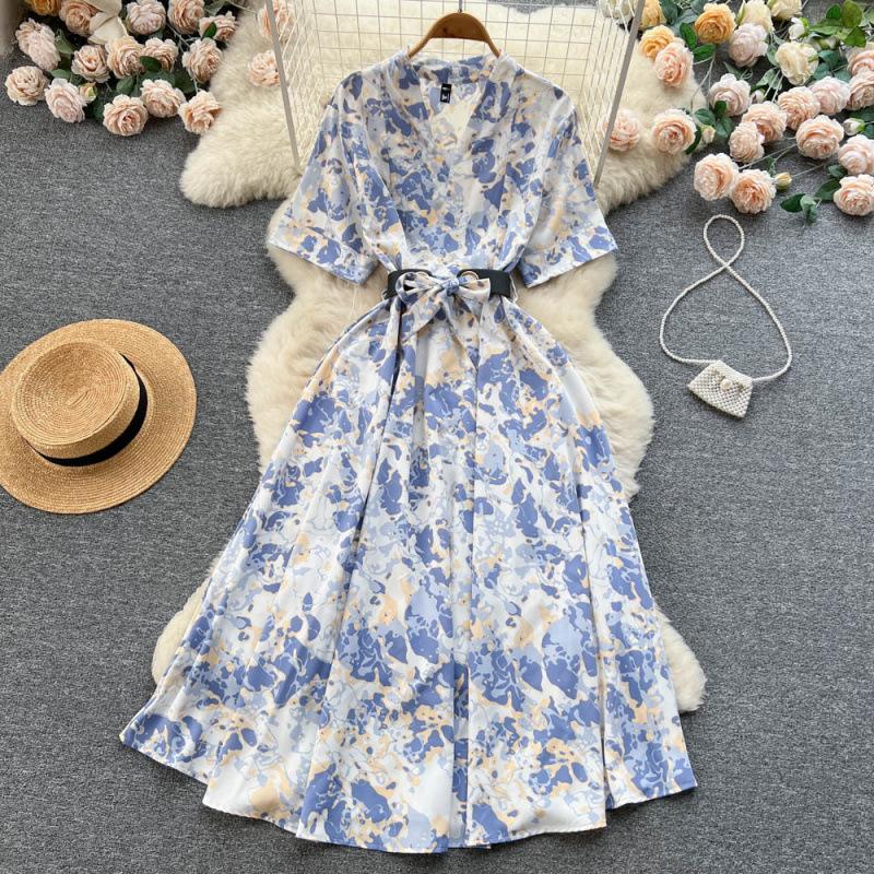 Summer new temperament shirt dress women's print waist over knee pendulum celebrity floral long skirt tide