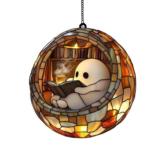 Halloween Acrylic Suncatcher Adorable Ghost Reading Book Pendant Black Cat Teacup Spooky Window Hanging Decoration for Home Parties Festivals