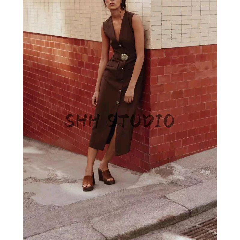 Summer New Product Women's Clothes Round Neck Sleeveless Fake Button Decoration with Belt Crepe Midi Skirt Dress 3897166