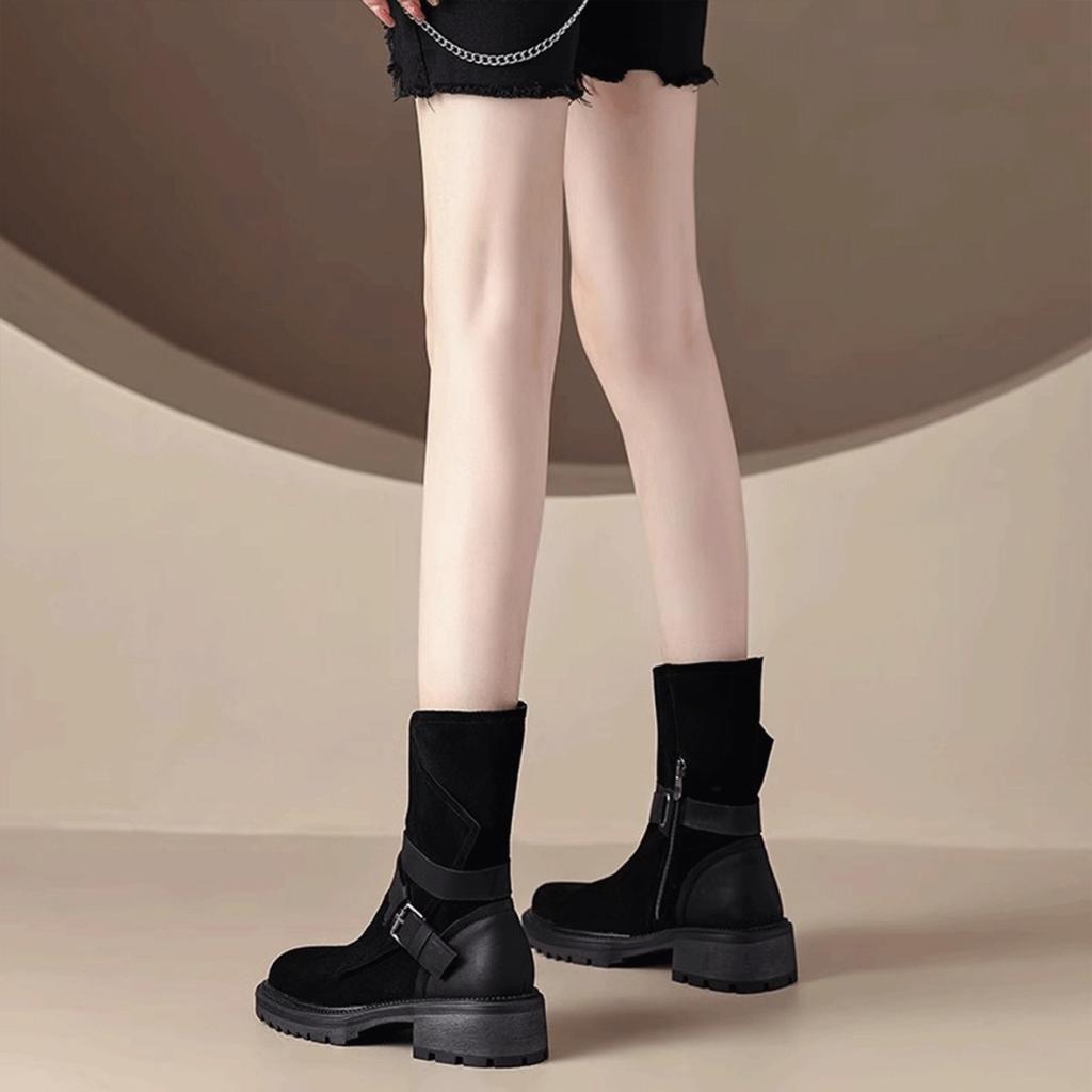 Retro Belt Buckle Thick-soled Martin Boots Women's 2025 Autumn New Imitation Cowhide Thick Heel British Short Boots Western Cowboy Boots