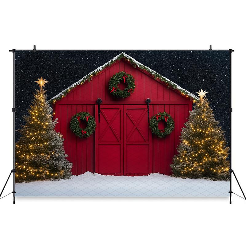 Mocsicka Christmas Tree Background Photography Red Door Snow Wreath Gifts Kid Photo Backdrop Shooting Props Outdoor Decor Studio