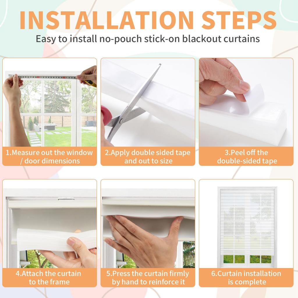 Temporary Cordless Stick On Self-Adhesive No Drill Shades, Darkening Pleated Cover for Bedroom Patio Door 100% Paper Material