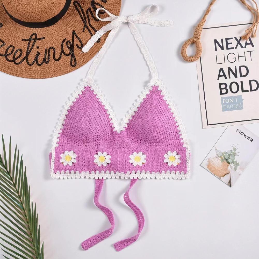 

Knitted Beach Wear Outfit Bohemian Summer Sling New Women Swimwear Top Beach Vacation Flower-Dark Pink